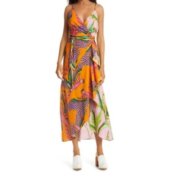 Farm rio Dresses & Skirts - FARM Rio NWOT Sleeveless Mixed Print Beaded Macaw Pink Foliage Wrap Dress Size L